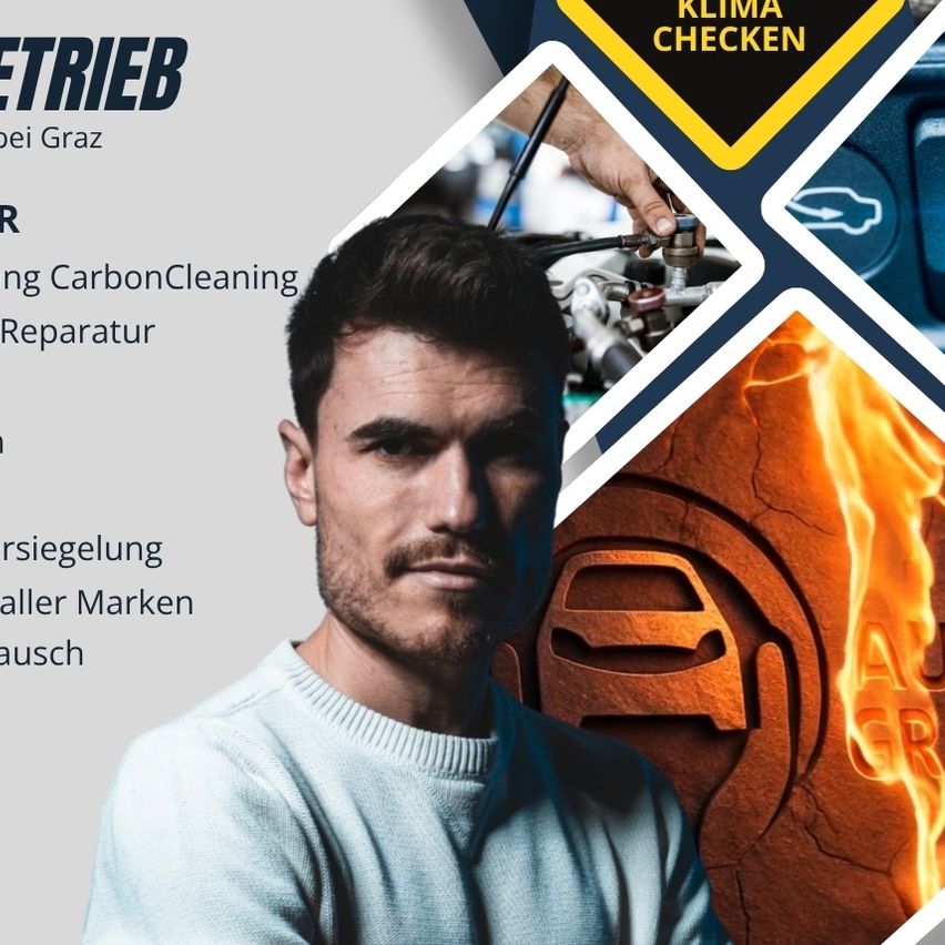 Ein Werbeplakat für Auto Gradwohl, ein Spezialist für Autowartung in Eggersdorf. Angebotene Dienstleistungen umfassen Chip-Tuning, Kohlenstoffreinigung und Reparaturen aller Marken. Kontakt über Website oder Telefon bei 64 114 1149.