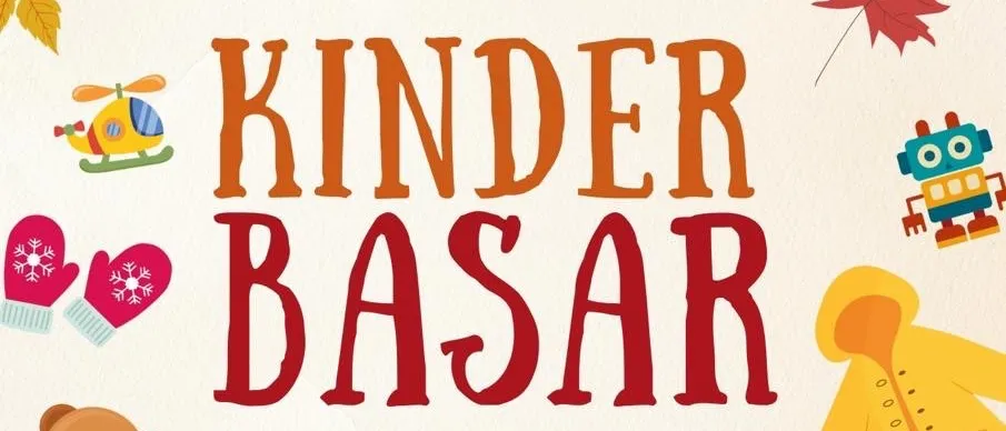 Ein Plakat für Kinder Basar, einen Kindermarkt, mit verschiedenen Spielzeugen, Herbstblättern und einem Teddybären.