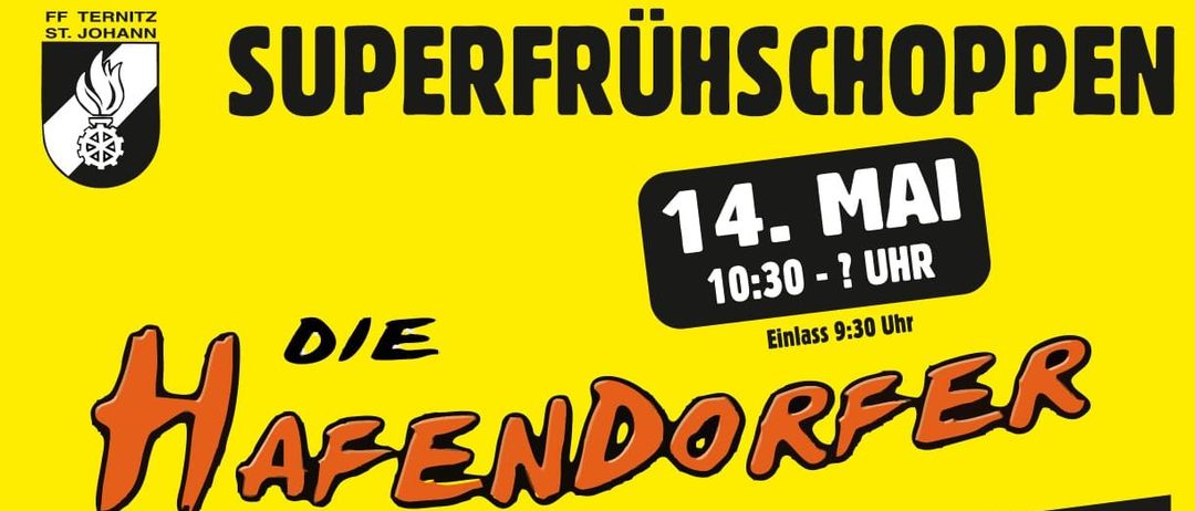 Veranstaltungsplakat für St. Johann-Ternitz am 14. und 16. Mai. Beginn um 10:30 Uhr, Ende um 1:00 Uhr. DJs sind Steve Lima, Danny Grand und The Haros. Einlass ab 21:30 Uhr.