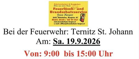Ein Werbeplakat für eine Feuerlöscher-Überprüfungsaktion bei der Feuerwehr Ternitz St. Johann am Samstag, 19. September 2026, von 9:00 bis 15:00 Uhr. Die Veranstaltung bietet die Möglichkeit, neue Feuerlöscher und Rauchmelder zu erwerben.