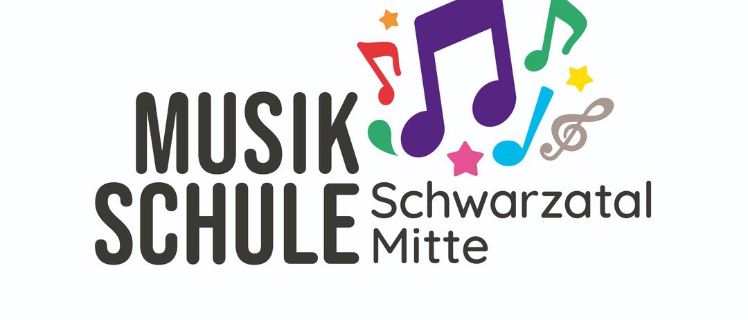 Logo der 'Musik Schule Schwarzata Mitte' mit Noten und Sternen darum herum. Der Text ist fett und besteht aus zwei Zeilen, 'MUSIK' und 'SCHULE' in größeren Buchstaben und 'Schwarzata Mitte' in kleineren Buchstaben.
