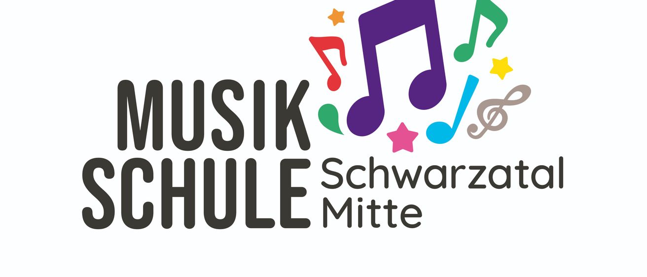 Logo der 'Musik Schule Schwarzata Mitte' mit Noten und Sternen darum herum. Der Text ist fett und besteht aus zwei Zeilen, 'MUSIK' und 'SCHULE' in größeren Buchstaben und 'Schwarzata Mitte' in kleineren Buchstaben.