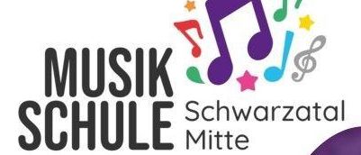 Ein buntes Plakat für die Musik Schule Schwarzatal Mitte, mit musikalischen Instrumenten wie Flöte, Gitarre, Trompete und Geige, mit Noten und einer Lampe in der Mitte.
