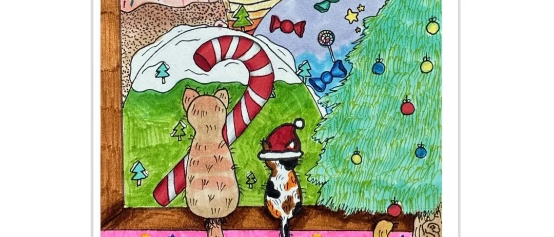 Eine festliche Illustration von zwei Katzen, eine mit einem Weihnachtsmannhut, sitzt an einem Fenster mit einem Zuckerrohr und einem Weihnachtsbaum. Der Hintergrund zeigt ein Haus und eine süßigkeitengefüllte Landschaft. Das Bild hat einen Textüberlagerung mit 'Weihnachtsmatinee.'