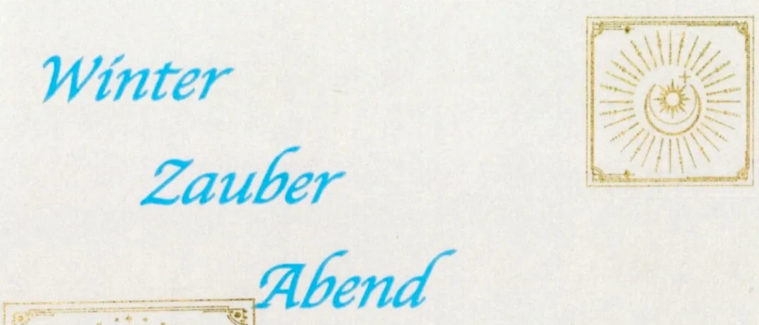 Ein Veranstaltungsposter für 'Winter Zauber Abend' am Sonntag, 21. Dezember 2025 um 17:00. Es zeigt eine Frau in Engelsflügeln mit einem Stern und einem Sonnendesign. Der Text lädt Gäste ein.