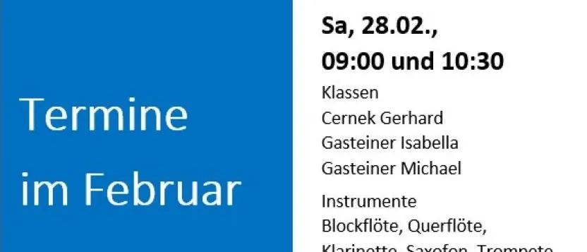 Eventflyer für Schwarzztal Musik Schule. Vorschaustunde und Konzert im Februar 21 und 28, 2021 um 10:00 Uhr. Instrumente umfassen Blockflöte, Klarinette, Saxophon und Trompete. Ort: Herrenhaus Ternitz.