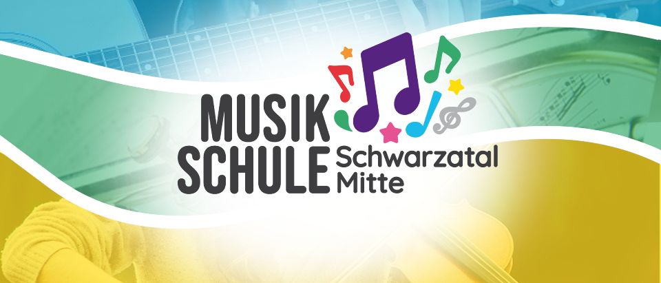 Plakat der Musikschule mit musikalischen Instrumenten wie Flöte, Gitarre und Geige, umgeben von bunten Musiknoten und Sternen um den Text.