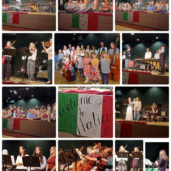 Eine Collage von Fotos, die eine musikalische Aufführung mit Kindern und Erwachsenen, Musikern, die verschiedene Instrumente spielen, und einem Banner, das 'Willkommen in Italien' steht, zeigt.