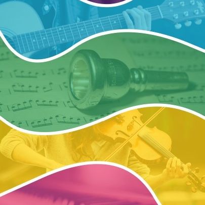 Ein buntes Plakat für Musik Schule Schwarzes Tal Mitte. Es zeigt Musikinstrumente, Noten und Hände, die sie spielen. Der Hintergrund ist mehrfarbig.