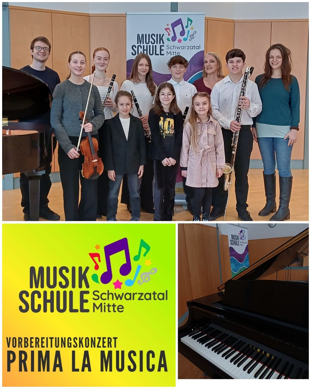 Eine Gruppe junger Musiker steht in einem Raum mit Klavier und Noten. Sie halten verschiedene Instrumente wie Geige, Klarinette und Saxophon. Ein Plakat steht für 'Musik Schule Schwarzztal Mitte'. Ein weiteres Bild zeigt ein Klavier mit einem farbenfrohen Musiknotendesign.
