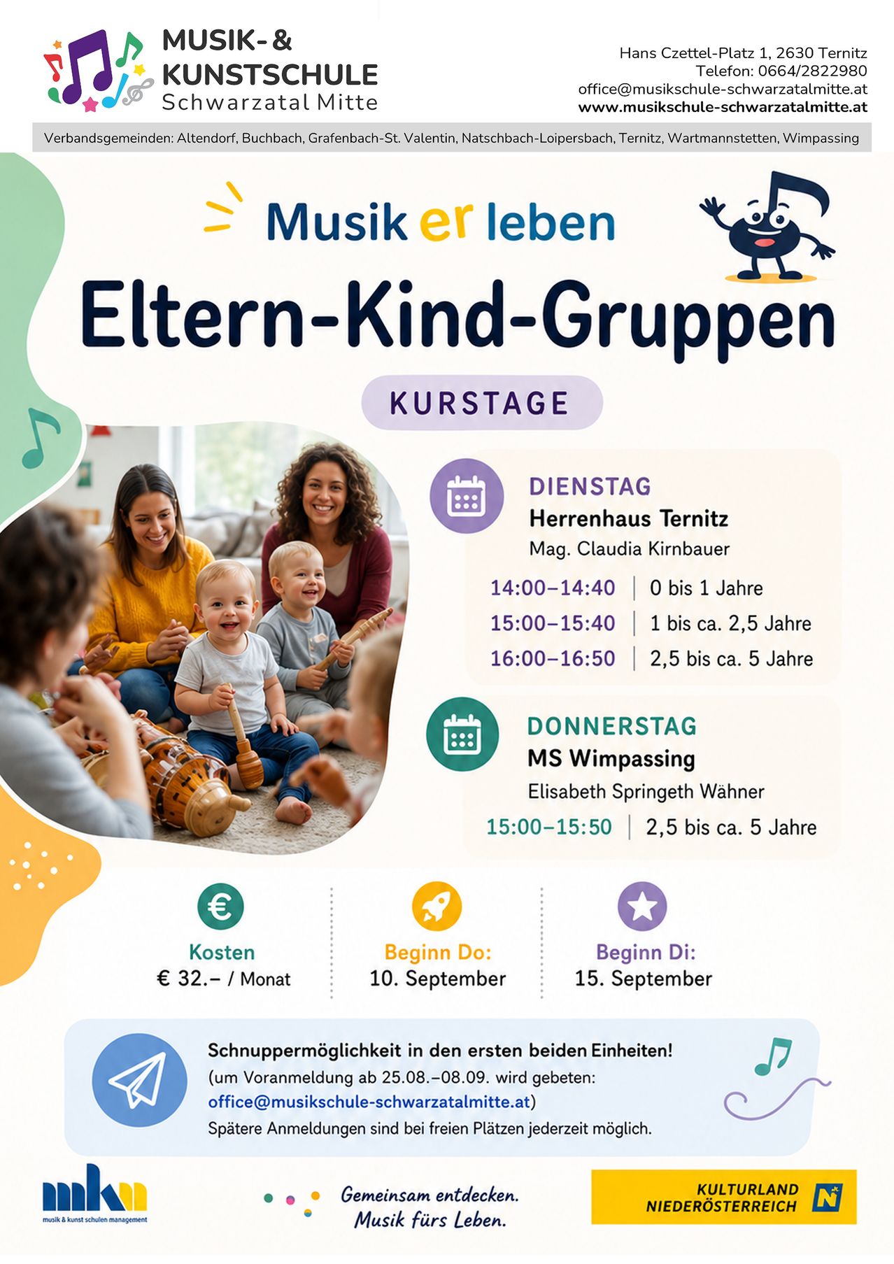 Poster for music classes for children and parents. It shows a group of smiling adults and children playing instruments. The schedule and costs are listed. The poster is colorful and informative.
