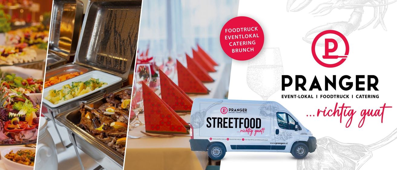 Ein Werbebild für ein Food-Truck-Event mit einem Tisch, der mit roten Servietten, einem Buffet mit Essen und einem Van mit dem Text 'Streetfood' gedeckt ist.