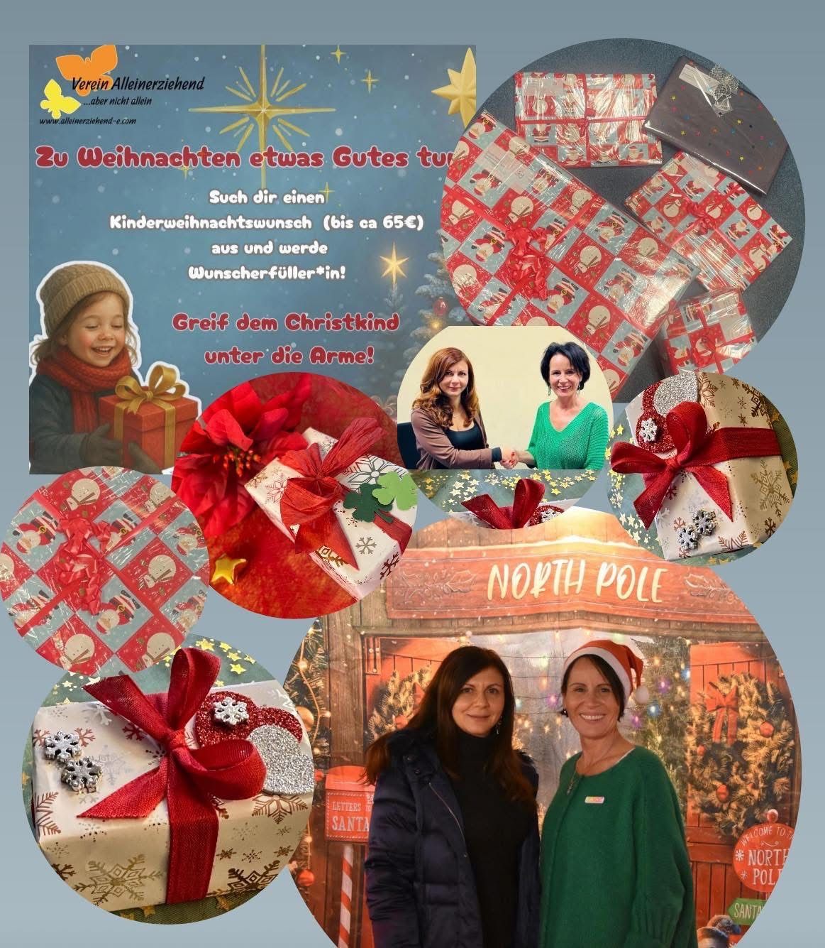 Ein Poster zeigt ein Kind mit einem Geschenk und zwei lächelnde Frauen, umgeben von eingepackten Geschenken und Weihnachtsdekoration. Der Text lautet 'Zu Weihnachten etwas Gutes tu' und lädt ein, einem Kind seinen Weihnachtswunsch zu erfüllen.