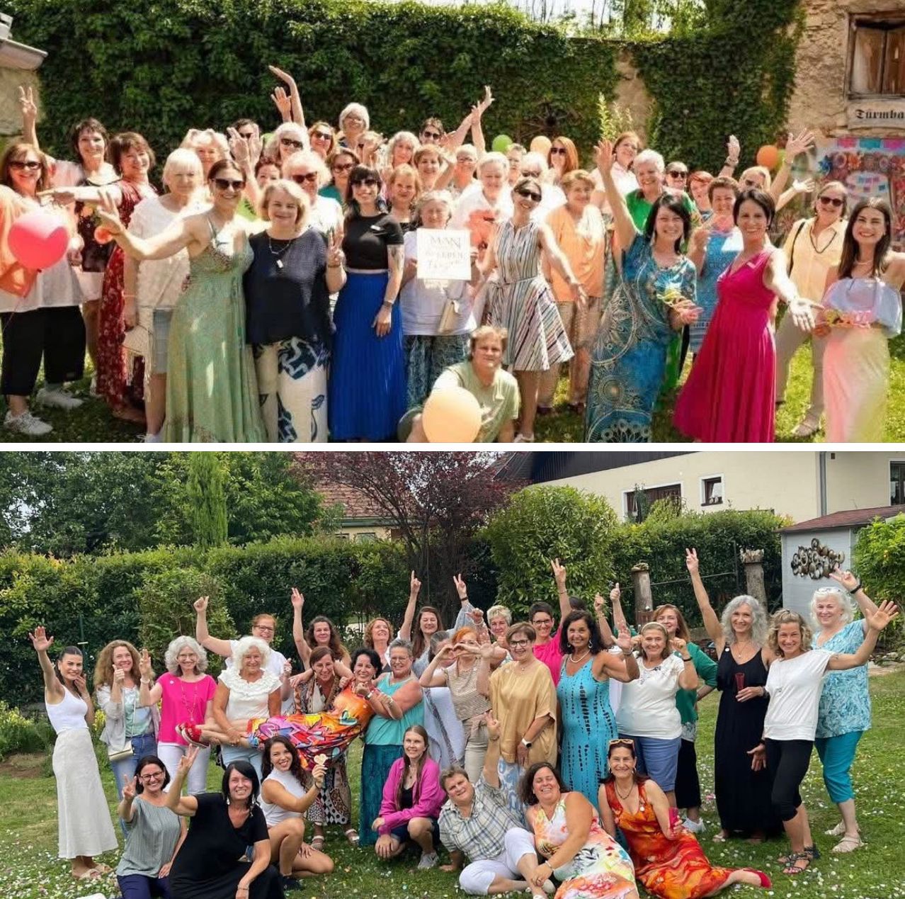 Two photos of a group of women in a garden, one photo showing them standing and the other showing them sitting. They are smiling and posing for the camera. Some are holding balloons and others are holding signs.