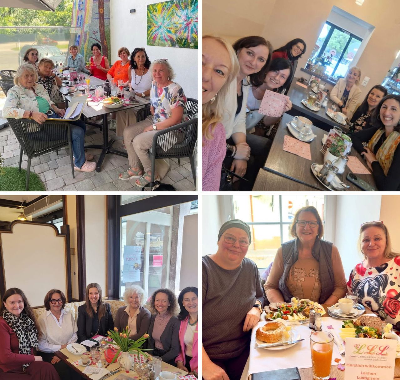 Vier Collagen von Frauen, die an Tischen sitzen, lächeln und mit Tassen und Tellern. Die Frauen tragen Freizeitkleidung und die Umgebung scheint eine soziale Zusammenkunft oder ein Treffen zu sein.