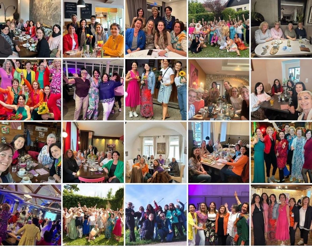 A collage of various photos showing a group of women in different settings, including outdoor gatherings, indoor celebrations, and casual moments, all smiling and posing for the camera.