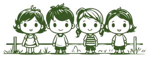 Ein monochromes Bild zeigt vier gezeichnete Charaktere in einer Reihe. Jeder Charakter hat einen grünen Körper und Kopf mit einfachen Gesichtszügen. Der Hintergrund ist schwarz.