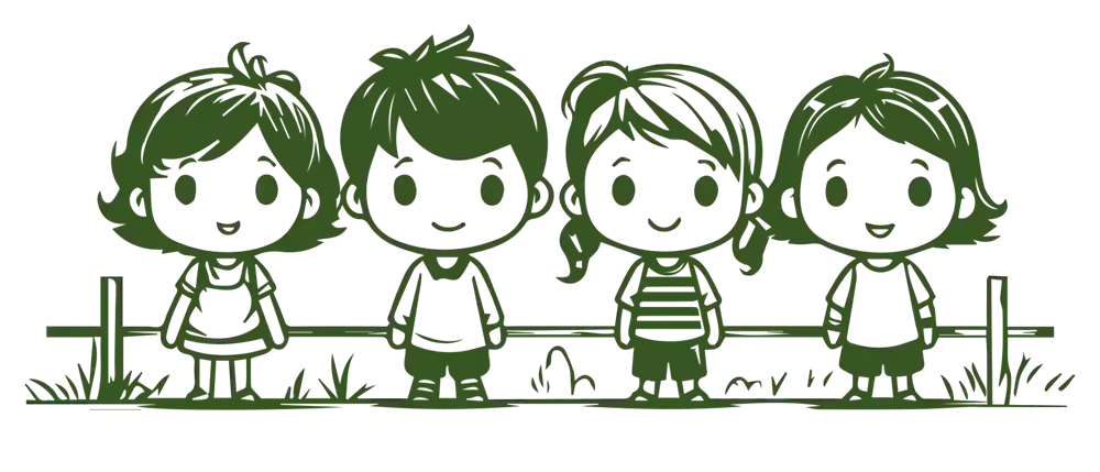 Ein monochromes Bild zeigt vier gezeichnete Charaktere in einer Reihe. Jeder Charakter hat einen grünen Körper und Kopf mit einfachen Gesichtszügen. Der Hintergrund ist schwarz.