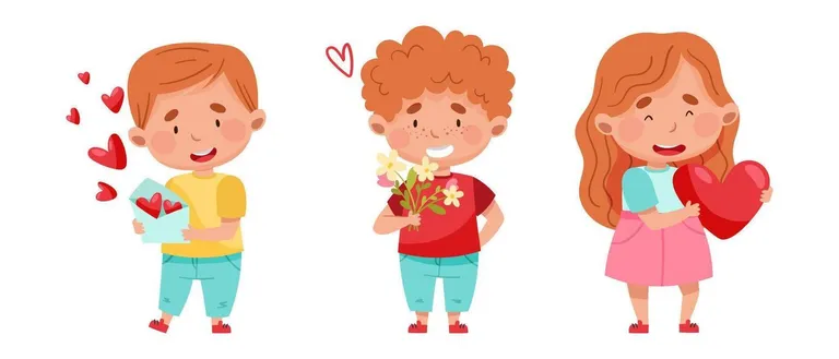 Drei Kinder lächeln, zwei Jungen halten Blumen und das Mädchen ein Geschenk. Der Junge mit Blumen hat rote Haare und ein rotes Shirt.
