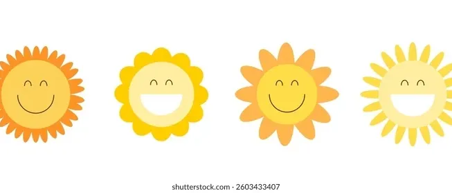 Vier lächelnde Sonnen auf weißem Hintergrund. Jede Sonne hat einen anderen Ausdruck und zeigt eine Reihe von Emotionen.