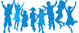 Blaue Silhouetten von Kindern in verschiedenen Posen, springend und tanzend, vor schwarzem Hintergrund.