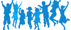 Blaue Silhouetten von Kindern in verschiedenen Posen, springend und tanzend, vor schwarzem Hintergrund.