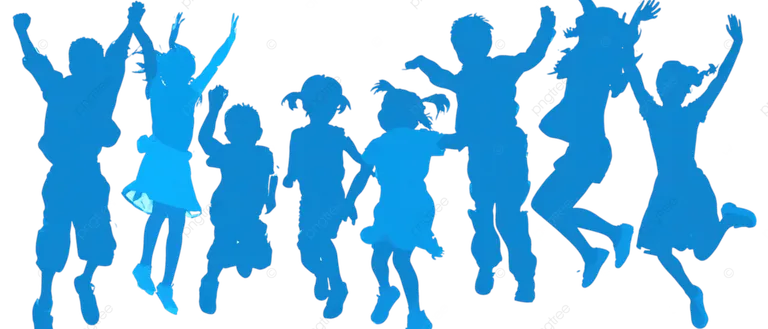 Blaue Silhouetten von Kindern in verschiedenen Posen, springend und tanzend, vor schwarzem Hintergrund.