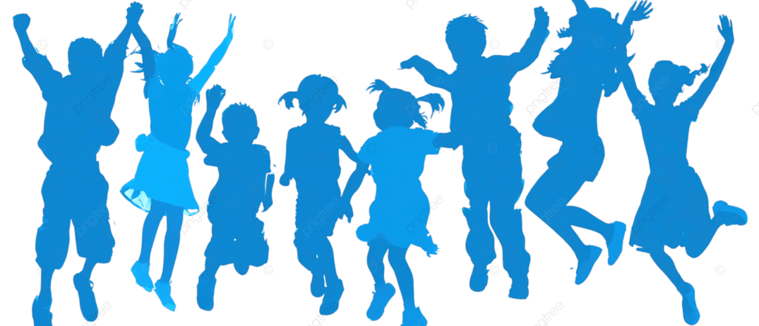 Blaue Silhouetten von Kindern in verschiedenen Posen, springend und tanzend, vor schwarzem Hintergrund.