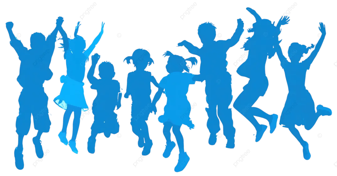 Blaue Silhouetten von Kindern in verschiedenen Posen, springend und tanzend, vor schwarzem Hintergrund.