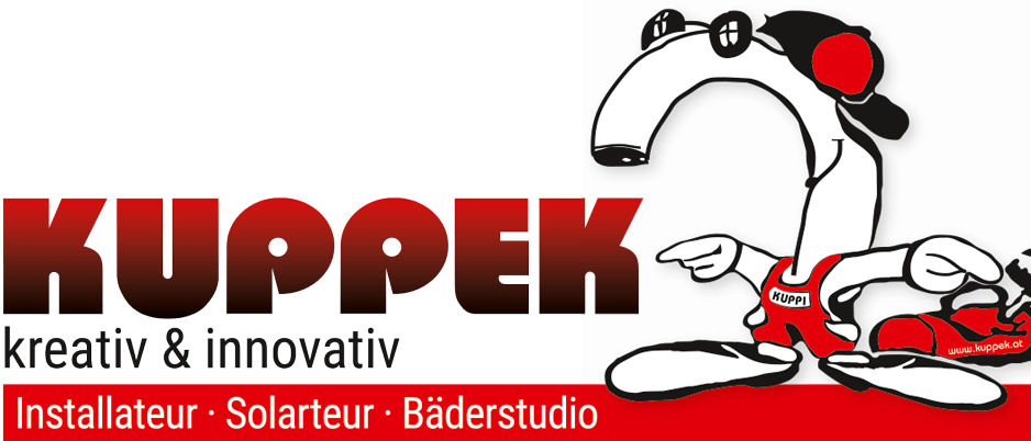 Ein Logo für UPPEK mit einer Comic-Figur in einem roten Trikot mit dem Wort 'Kuppi' darauf, vor einem schwarzen und roten Hintergrund.
