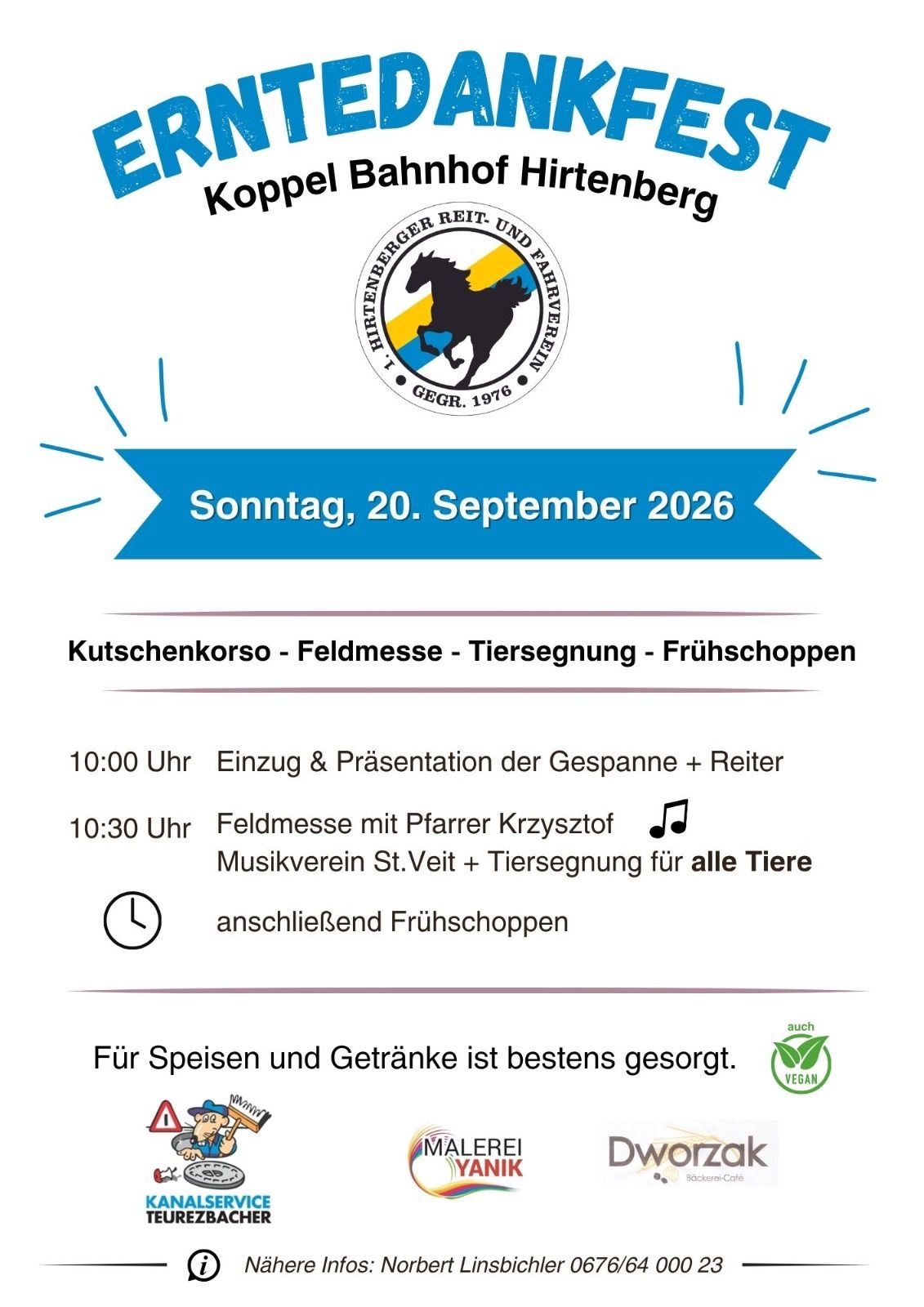 Poster for the event on September 20, 2026, including activities like horse grooming, field mass, animal blessing, and breakfast. Schedule includes horse arrival at 10:00, field mass at 10:30, and breakfast. Food and drinks are provided.