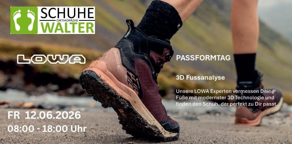 Veranstaltungsplakat für Schuhanpassung bei Walter Orthopädie. Datum: 2. Juni 2026, 0-18:00 Uhr. Mit 3D-Fußanalyse von LOWA-Experten.