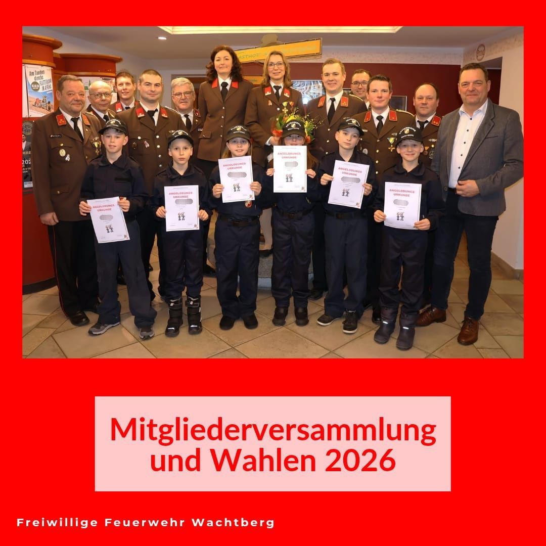 Gruppenfoto von Mitgliedern und Offizieren einer Freiwilligen Feuerwehr. Sie stehen vor einem roten Hintergrund mit weißem Text.