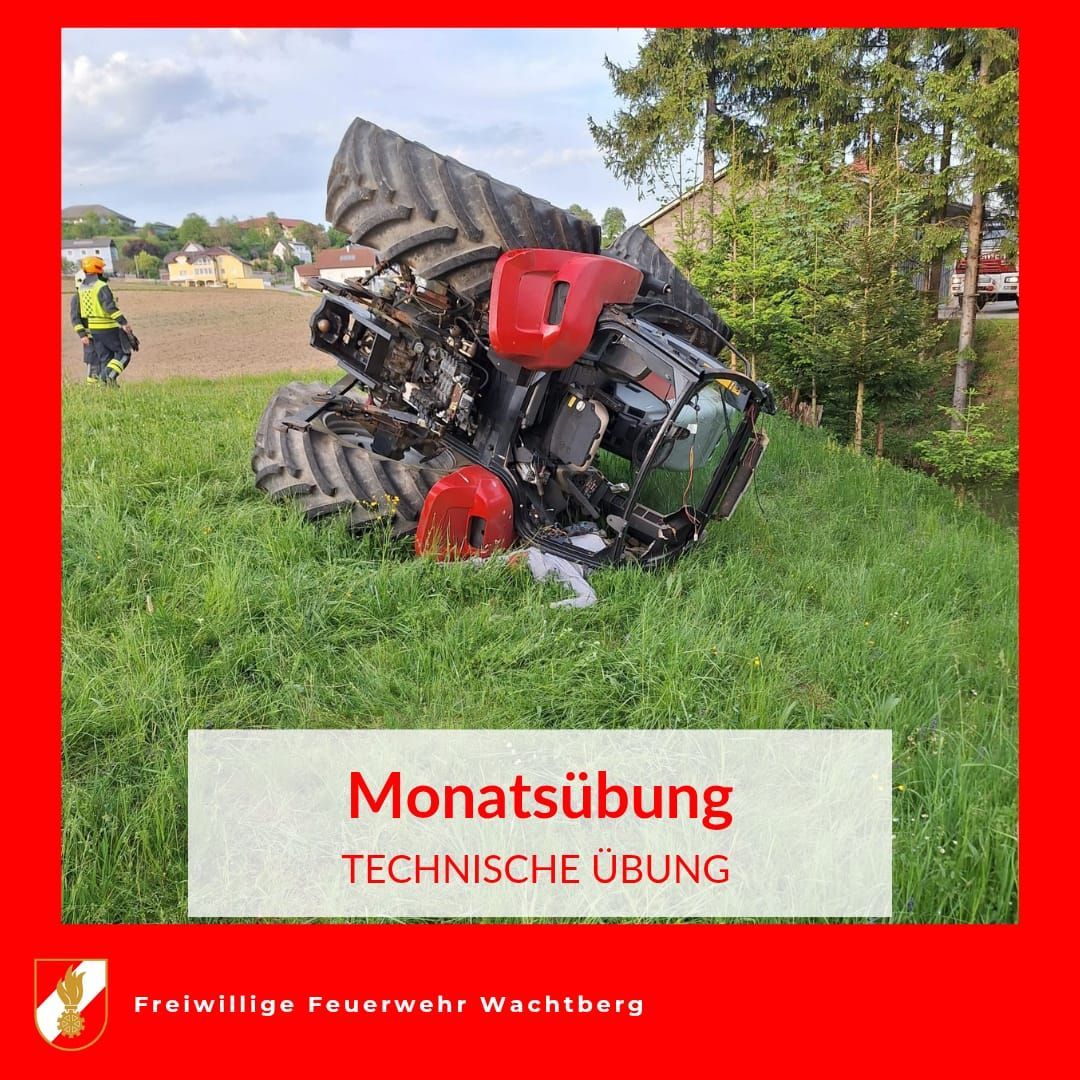 Ein Bild zeigt einen umgestürzten Traktor auf einem Feld mit Rettungskräften. Der Traktor ist beschädigt und liegt auf der Seite mit einem roten Rand um das Bild.