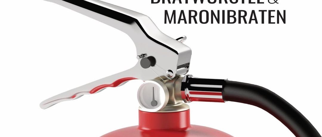 Plakat für eine freie Feuerwehrüberprüfung mit einem Feuerlöscher und Angaben zum Datum, Zeitpunkt und Ort der Veranstaltung.