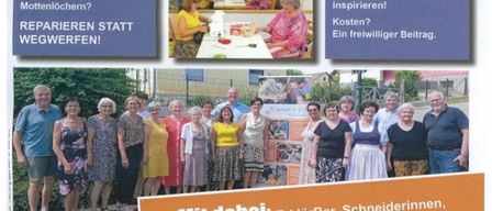 Ein Plakat für ein Reparaturcafé in Bad St. Leonhard. Es zeigt eine Gruppe von Menschen und verschiedene Reparaturaktivitäten. Die Veranstaltung bietet Kaffee, Essen und eine Bar. Sie findet am 17. Juni 2026 von 14:00 bis 17:00 Uhr im Kulturheim statt.