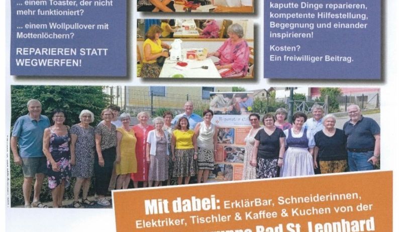 Ein Plakat für ein Reparaturcafé in Bad St. Leonhard. Es zeigt eine Gruppe von Menschen und verschiedene Reparaturaktivitäten. Die Veranstaltung bietet Kaffee, Essen und eine Bar. Sie findet am 17. Juni 2026 von 14:00 bis 17:00 Uhr im Kulturheim statt.