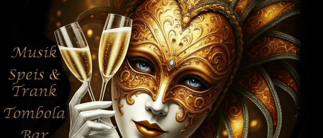 Plakat mit einer maskierten Figur, die zwei Champagnergläser hält, vor schwarzem Hintergrund. Die Veranstaltung findet am 14. Februar 2026 um 19:30 im Pfarrsaal statt. Sie umfasst Musik, Essen, Getränke, Tombola und eine Bar.