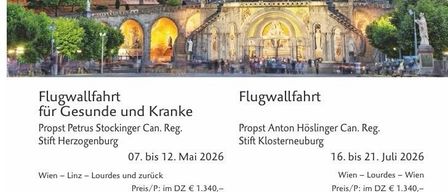 Plakat mit einer Kirche und einem Flugblatt für eine Pilgerreise. Termine und Orte für Veranstaltungen aufgeführt.