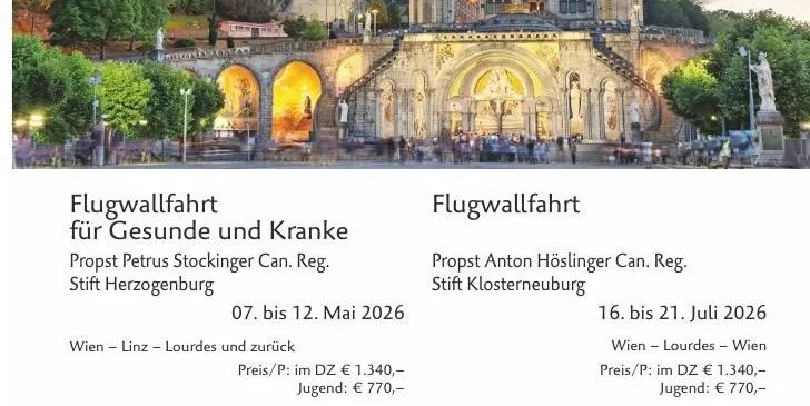 Plakat mit einer Kirche und einem Flugblatt für eine Pilgerreise. Termine und Orte für Veranstaltungen aufgeführt.