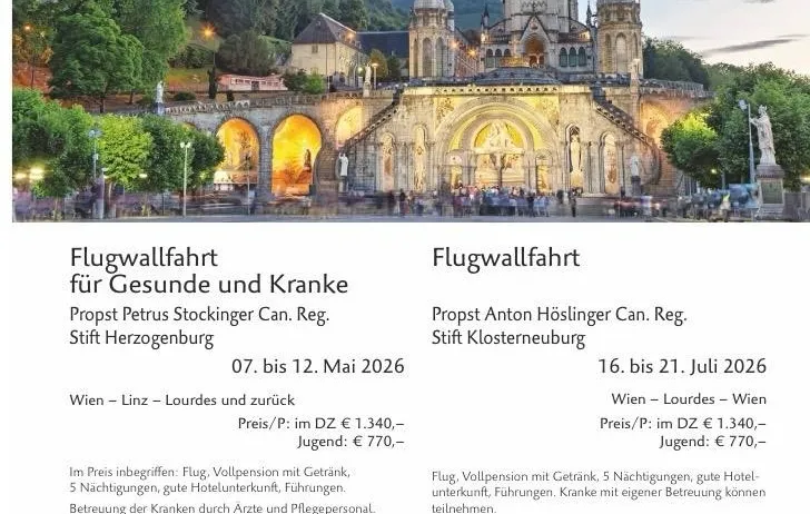 Plakat mit einer Kirche und einem Flugblatt für eine Pilgerreise. Termine und Orte für Veranstaltungen aufgeführt.