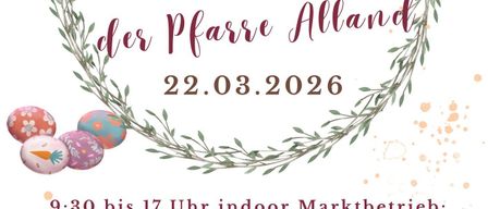 Plakat für Frühlingsmarkt mit Blumenkranz, Blüten und Schmetterlingen. Datum: 22.03.2026. Öffnungszeiten des Indoor-Marktes: 9:30 Uhr bis 17 Uhr. Angebote umfassen Kunsthandwerk, Keramik, Dekoration, regionale Lebensmittel, Mehlsorten, Gewürze, Getränke und mehr. Standort: Garnzauberwerkstatt.