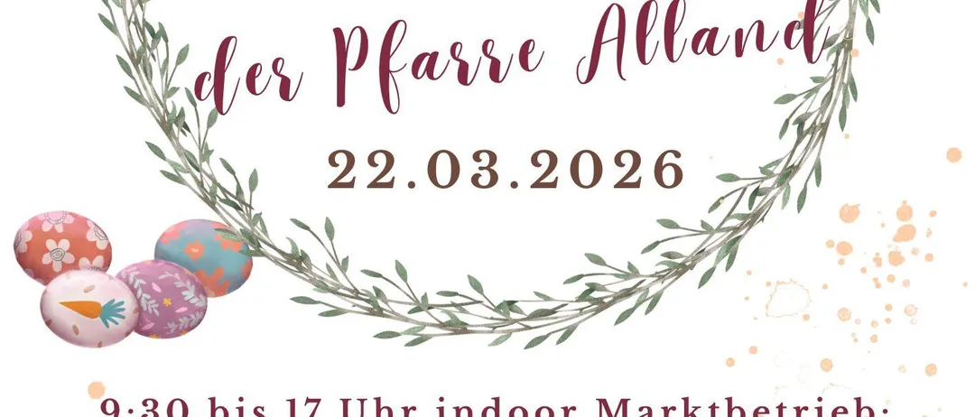 Plakat für Frühlingsmarkt mit Blumenkranz, Blüten und Schmetterlingen. Datum: 22.03.2026. Öffnungszeiten des Indoor-Marktes: 9:30 Uhr bis 17 Uhr. Angebote umfassen Kunsthandwerk, Keramik, Dekoration, regionale Lebensmittel, Mehlsorten, Gewürze, Getränke und mehr. Standort: Garnzauberwerkstatt.