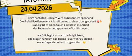 Ein Flyer für eine Veranstaltung mit dem Titel 'ATUTATATA', geplant für den 04.04.2026. Der Flyer hat einen blau-gelben Punktehintergrund. Er lädt zu einer Feuerwehrübung ein, die Einblicke in die Arbeit der Feuerwehrleute und spannende Aktivitäten bietet. Es verspricht einen unterhaltsamen Abend und ermutigt zur Beantwortung von Fragen rund um das Thema Feuerwehr. Symbole eines Feuerwehrwagens und Feuer sind enthalten.