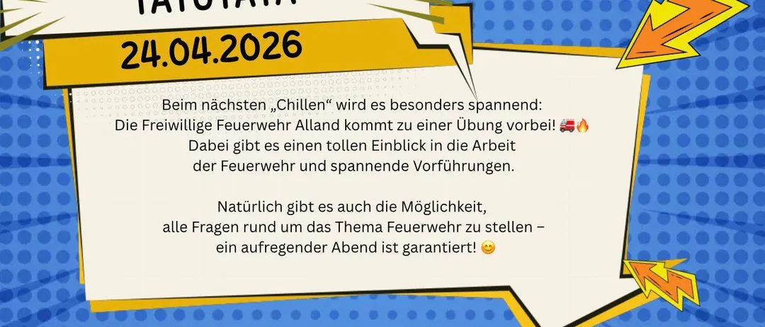 Ein Flyer für eine Veranstaltung mit dem Titel 'ATUTATATA', geplant für den 04.04.2026. Der Flyer hat einen blau-gelben Punktehintergrund. Er lädt zu einer Feuerwehrübung ein, die Einblicke in die Arbeit der Feuerwehrleute und spannende Aktivitäten bietet. Es verspricht einen unterhaltsamen Abend und ermutigt zur Beantwortung von Fragen rund um das Thema Feuerwehr. Symbole eines Feuerwehrwagens und Feuer sind enthalten.