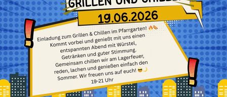 Kommt vorbei und genießt mit uns einen entspannten Abend mit Würsteln, Getränken und guter Stimmung. Gemeinsam chillen wir am Lagerfeuer, reden, lachen und genießen einfach den Sommer. Wir freuen uns auf euch! 19-21 Uhr.