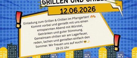 A flyer for a barbecue and chilling event in the Pfarrgarten on 12.06.2026. Join us for a relaxed evening with sausages, drinks, and good vibes. We'll chat, laugh, and enjoy the summer together. Time: 19-21 PM.