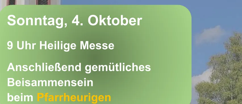 Plakat für das Erntedankfest der Pfarre Alland, mit einer Kirche, einer Versammlung und dem Datum 4. Oktober.
