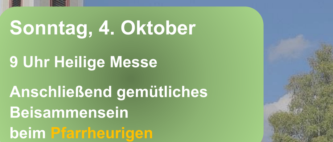 Plakat für das Erntedankfest der Pfarre Alland, mit einer Kirche, einer Versammlung und dem Datum 4. Oktober.