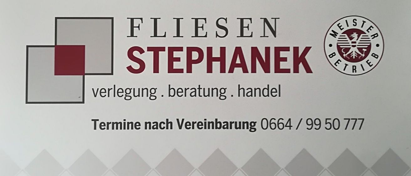 Visitenkarte für Fliesen Stephanek mit ihren Dienstleistungen in Design, Beratung und Verkauf, sowie ihrer Telefonnummer und Website.